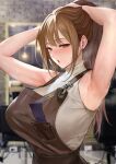  1girl absurdres apron armpits arms_up blurry breast_pocket breasts brown_apron brown_eyes brown_hair comb depth_of_field earrings hair_salon highres huge_breasts indoors jewelry long_hair looking_at_viewer mature_female mute_(mute89539160) open_mouth original pocket ponytail sleeveless sleeveless_sweater steaming_body sweat sweater textless_version tying_hair upper_body white_sweater 