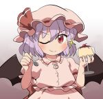  1girl ;) back_bow bat_wings bow cup food gradient_background grey_background hands_up hat holding holding_cup holding_spoon looking_at_viewer mob_cap one_eye_closed pink_shirt pink_skirt pudding purple_hair red_bow red_eyes remilia_scarlet rokugou_daisuke shirt short_hair simple_background skirt skirt_set smile solo sparkle spoon touhou upper_body v-shaped_eyebrows wings 