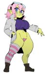  absurd_res big_breasts blue_eyes bottomless breasts camel_toe clothed clothing female goblin green_body green_skin hair hi_res humanoid humanoid_pointy_ears looking_at_viewer nuclearwasabi pasties pink_hair smile smiling_at_viewer solo standing 
