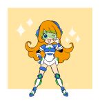  1girl arm_warmers armor blue_armor blue_eyes blue_footwear blue_headwear boots breastplate commission cutie-png elbow_pads english_commentary formal full_body gloves hand_on_own_face hand_on_own_hip headphones long_hair mecha mona_(warioware) official_alternate_costume one_eye_closed open_mouth orange_hair robot short_sleeves smile sparkle suit thigh_strap two-tone_footwear v warioware white_footwear white_gloves white_suit yellow_background 