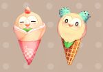  abstract_background absurdres animal animal_focus beak bird blush bow bowtie brown_background brown_feathers closed_eyes crepe feathers food food_wrapper fruit green_bow green_bowtie green_feathers highres ice_cream ice_cream_cone in_food looking_at_viewer mint_chocolate o_o owl patterned_background pokemon pokemon_(creature) polka_dot polka_dot_background simple_background sob_0 soft_serve strawberry strawberry_icecream talons white_feathers 