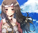  1girl armor brown_eyes brown_hair cloud cloudy_sky fire_emblem fire_emblem_fates hair_flowing_over hana_(fire_emblem) headband japanese_armor kanasiinezimakineko long_hair looking_at_viewer sky smile solo swept_bangs upper_body 