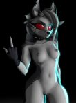  2023 3d_(artwork) anthro black_background breasts canid canid_demon canine canis claws clothing collar colored_eyes demon digital_media_(artwork) ear_piercing ear_ring female fingerless_gloves fur furgonomics genitals gesture gloves grey_body grey_ears grey_fur grey_tail hair handwear hellhound helluva_boss inner_ear_fluff loona_(helluva_boss) makeup mammal middle_finger multicolored_body multicolored_ears multicolored_eyes multicolored_fur multicolored_tail nipples nude piercing pussy red_sclera ring ring_piercing silvarus simple_background solo spiked_collar spikes tail tuft vulgar white_body white_fur white_hair white_inner_ear white_tail wolf 