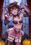  1girl :d absurdres asymmetrical_legwear bare_shoulders bat_(animal) black_bra black_gloves black_nails black_panties black_thighhighs blue_sky blush bow bowtie bra breasts brown_hair claw_pose cleavage collarbone commentary contrapposto curled_horns curtains demon_girl demon_horns demon_tail demon_wings detached_collar elbow_gloves fang fingerless_gloves fishnet_thighhighs fishnets foot_up forest frilled_bra frilled_skirt frills full_moon garter_belt garter_straps gloves green_nails hair_between_eyes hair_over_shoulder halloween halloween_costume head_tilt heart_o-ring highres horns isome jack-o&#039;-lantern kono_subarashii_sekai_ni_shukufuku_wo! lace lace_gloves looking_at_viewer lower_teeth_only megumin midriff miniskirt moon multicolored_nails nail_polish nature navel night no_shoes o-ring_bra open_mouth open_window panties pink_bra pink_skirt pumpkin red_bow red_bowtie red_eyes red_nails see-through see-through_gloves see-through_skirt see-through_thighhighs short_hair short_hair_with_long_locks sidelocks skin_fang skirt sky small_breasts smile solo tail teeth thigh_strap thighhighs tree two-tone_bra underwear v-shaped_eyebrows veins window wings 