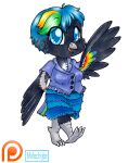 2016 anthro avian avian_feet beak biped bird black_body blonde_hair blue_eyes blue_hair bottomwear breasts chibi claws clothed clothing corvid corvus_(genus) countershade_torso countershading crow eyebrow_through_hair eyebrows feathered_wings feathers female front_view green_hair hair hi_res looking_at_viewer malachyte multicolored_body multicolored_hair open_mouth open_smile oscine passerine shirt short_hair simple_background skirt smile solo tail_feathers toe_claws topwear translucent translucent_hair two_tone_body walking white_background white_body winged_arms wings 