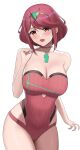  1girl absurdres bare_shoulders blush breasts chest_jewel choker cleavage highleg highleg_swimsuit highres higofushi large_breasts looking_at_viewer one-piece_swimsuit open_mouth pyra_(xenoblade) red_eyes red_hair red_one-piece_swimsuit short_hair sidelocks smile solo swept_bangs swimsuit thighs tiara xenoblade_chronicles_(series) xenoblade_chronicles_2 