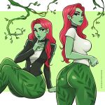  1girl artist_name ass ass_focus black_choker black_jacket breasts choker colored_skin commentary dc_comics earrings english_commentary facing_away finger_to_mouth green_eyes green_lips green_pants green_skin highres jacket jewelry large_breasts long_hair looking_at_viewer looking_back multiple_views pants patreon_username plant poison_ivy red_hair shirt short_sleeves shushing simple_background toksie vines watermark web_address white_shirt 