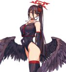  2049_(hh5566) black_choker black_gloves black_hair black_wings blue_archive breasts choker covered_navel crop_top elbow_gloves feathered_wings flower gloves hair_flower hair_ornament halo hasumi_(blue_archive) high_ponytail highleg highleg_leotard huge_breasts large_wings leotard long_hair low_wings mole mole_under_eye ponytail sailor_collar shirt sleeveless sleeveless_shirt wings 