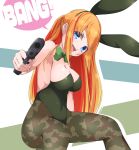  1girl aiming aiming_at_viewer alternate_costume animal_ears armpits blue_eyes breasts camouflage cleavage collarbone drias fake_animal_ears gun hair_between_eyes hair_ornament handgun highres indie_virtual_youtuber irodori_mayoi long_hair medium_breasts open_mouth orange_hair pantyhose playboy_bunny ribbon simple_background solo virtual_youtuber weapon 