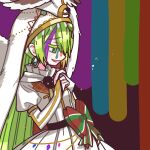  1girl alina_gray bow chain deer_head earrings feathered_wings green_hair habit hair_between_eyes holy_alina jewelry long_hair looking_down magia_record:_mahou_shoujo_madoka_magica_gaiden magical_girl mahou_shoujo_madoka_magica multicolored_blood multicolored_hair open_mouth pleated_skirt rro_del sidelocks skirt smile solo streaked_hair waist_bow white_skirt wings 