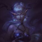  1girl asymmetrical_bangs bare_shoulders black_choker breasts choker claw_(weapon) closed_eyes closed_mouth cone_hair_bun dark_background drop_earrings earrings evelynn_(league_of_legends) hair_bun highres jewelry k/da_(league_of_legends) k/da_all_out_evelynn large_breasts league_of_legends long_hair o-ring purple_lips sirquel_art smoke solo the_baddest_evelynn upper_body weapon white_hair 