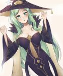  1girl arms_up artist_name breasts cleavage dress dutch_angle fire_emblem fire_emblem:_three_houses fire_emblem_heroes green_eyes green_hair hat highres large_breasts long_hair official_alternate_costume parted_lips purple_dress purrlucii rhea_(fire_emblem) rhea_(halloween)_(fire_emblem) solo white_background witch witch_hat 