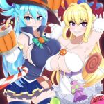  2girls aqua_(konosuba) breasts candy darkness_(konosuba) demon_girl dress fah12enheit food halloween hat kono_subarashii_sekai_ni_shukufuku_wo! large_breasts multiple_girls non-web_source witch_hat 