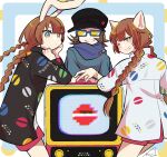  1boy 2girls animal_ears black_headwear blue-framed_eyewear blue_scarf bracelet braid brown_hair cat_ears cat_girl grin hawaiian_shirt jewelry keiri_org long_hair mimi_(pop&#039;n_music) multiple_girls mzd nyami_(pop&#039;n_music) one_eye_closed pink_shorts pop&#039;n_music rabbit_ears rabbit_girl reckless3 ring scarf shirt short_hair short_shorts shorts signature smile sunglasses television tinted_eyewear twin_braids white_shirt yellow-tinted_eyewear 