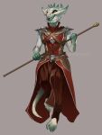  2023 absurd_res akefesauce anthro armor barefoot clothing dress feet female green_body green_scales hi_res horn open_mouth pauldron red_clothing red_dress scales sharp_teeth signature simple_background solo staff teeth 