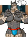  5_fingers anthro biped bulge canid canine claws dingding_(artist) english_text fingers fur halloween hi_res holidays male mammal muscular muscular_anthro muscular_male pecs solo text 