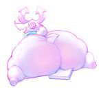  2023 anthro big_butt black_eyes blue_clothing blue_topwear bottomless butt clothed clothing colored deltarune digital_media_(artwork) directional_arrow english_text eyelashes female huge_butt huge_thighs hyper hyper_butt hyper_hips hyper_thighs lying on_front on_ground open_mouth open_smile pink_body plantigrade shaded short_tail simple_background smile solo spiral_eyes tail text thick_thighs three-quarter_view topwear undertale_(series) virovirokun voidcatart white_background 