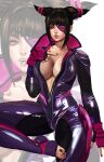  1girl black_hair breasts cleavage eyepatch fingerless_gloves gloves han_juri highres jumpsuit kittymiya large_breasts latex purple_eyes solo street_fighter street_fighter_v toeless_legwear toes tongue tongue_out zipper zoom_layer 