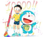  1boy :d art_brush artist_name black_eyes black_hair blue_footwear blue_shorts blush bright_pupils bucket closed_mouth collar collared_shirt commentary_request doraemon doraemon_(character) full_body glasses looking_at_another male_focus masser0209 milestone_celebration nobi_nobita open_mouth paint paint_on_body paint_on_clothes paint_splatter paint_splatter_on_face paintbrush red_collar shirt shoes short_hair short_sleeves shorts sideways_glance signature simple_background smile socks standing white_background white_pupils white_socks yellow_shirt 