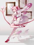  1girl absurdres bow bow_(weapon) bubble_skirt chouti_ttt dress expressionless fairy_wings flower frilled_skirt frilled_socks frills from_side full_body gloves hair_bow highres holding holding_bow_(weapon) holding_weapon kaname_madoka kyubey leg_up looking_at_viewer magical_girl mahou_shoujo_madoka_magica mahou_shoujo_madoka_magica_(anime) picture_frame pink_dress pink_eyes pink_flower pink_hair pink_rose puffy_short_sleeves puffy_sleeves red_bow red_footwear rose running shadow short_hair short_sleeves short_twintails skirt socks solo transparent_wings twintails weapon white_background white_gloves white_skirt white_socks wings 