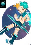  1boy blue_cape blue_footwear blue_hair bracelet cape child clenched_hands commentary earrings english_commentary highres in_orbit jewelry multicolored_hair navel nemui_(nemuriyagi) open_mouth orange_eyes original personification planet planetary_ring solo space topless_male two-tone_hair uranus_(planet) 