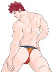  1boy ass ass_focus back back_focus bara bikini_briefs boku_no_hero_academia endeavor_(boku_no_hero_academia) feet_out_of_frame flame_print from_behind large_pectorals long_sideburns looking_at_viewer looking_back male_focus male_underwear muscular muscular_male pectorals shiroshiro69 short_hair sideburns solo spiked_hair standing thick_thighs thighs topless_male underwear 