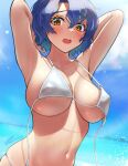  1girl armpits arms_behind_head arms_up bare_shoulders bikini blue_hair blue_sky blush breasts breasts_apart brown_eyes c_(theta) cleavage cloud collarbone commentary_request covered_nipples day highres idolmaster idolmaster_million_live! idolmaster_million_live!_theater_days large_breasts looking_at_viewer navel ocean open_mouth outdoors short_hair silver_bikini sky solo spaghetti_strap stomach swimsuit toyokawa_fuka untied_bikini wardrobe_malfunction 