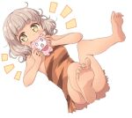  1girl animal_print ass bare_legs bare_shoulders barefoot blush breasts brown_hair commentary_request curly_hair dress eating fang feet foot_focus full_body looking_at_viewer mouth_hold nervous_sweating notice_lines open_mouth orange_dress pretty_series pripara scared short_hair simple_background small_breasts soles solo stuffed_animal stuffed_rabbit stuffed_toy sweat taiyo_pepper tiger_print toes tokunou_shoutarou usacha white_background yellow_eyes 