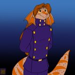  1:1 anthro belt clothing darnathi foxenawolf hair isla_aukate male orange_body orange_hair pink_nose purple_clothing solo tail uniform 