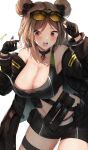  1girl black_choker black_gloves black_shirt black_shorts blush breasts brown_hair choker commission cowboy_shot double_bun eyewear_on_head girls&#039;_frontline gloves hair_bun hana_hebi highres large_breasts long_hair looking_at_viewer midriff navel open_mouth p90_(girls&#039;_frontline) partially_fingerless_gloves pendant_choker red_eyes shirt shorts simple_background skeb_commission solo sunglasses tank_top thigh_strap thighs torn_clothes torn_shirt white_background 