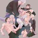  2boys abs anal_fingering bara black_hair brown_scarf clenched_teeth closed_eyes couple erection facial_hair fingering ganpiro golden_kamuy grabbing grabbing_from_behind grey_hair handjob highres kiss large_pectorals looking_at_another male_focus multiple_boys multiple_views muscular muscular_male navel nipples pectoral_grab pectorals penis scar scar_on_arm scar_on_cheek scar_on_chest scar_on_face scar_on_mouth scar_on_nose scarf scribble_censor shiraishi_yoshitake short_hair smile sugimoto_saichi teeth testicles textless_version topless_male very_short_hair yaoi 