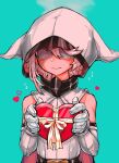  1girl aygoftenover bare_shoulders blush box cape closed_mouth elbow_gloves facing_viewer glasses gloves green_background grey_gloves heart heart-shaped_box highres holding holding_heart hood hood_up red_cape ribbon shy_(character) shy_(series) simple_background solo two-sided_cape two-sided_fabric upper_body 