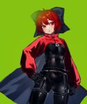  1girl absurdres adapted_costume akatsuki_records belt black_belt black_bodysuit black_bow black_gloves blush bodysuit bow breasts cape commeowdore covered_navel gloves green_background grey_cape hair_between_eyes hair_bow hand_on_own_hip highres large_breasts long_sleeves looking_to_the_side medium_breasts open_mouth puffy_long_sleeves puffy_sleeves red_cape red_eyes red_hair rock_&#039;n&#039;_rock_&#039;n&#039;_beat sekibanki short_hair simple_background solo standing touhou triangle two-tone_cape zipper 