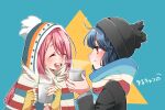  2girls absurdres beanie black_headwear blue_background blue_hair blush closed_eyes closed_mouth commentary_request copyright_name cup fingerless_gloves gloves hat highres holding holding_cup hood hood_up kagamihara_nadeshiko kashikaze long_hair long_sleeves looking_at_another multiple_girls open_mouth outline pink_hair red_eyes scarf shima_rin smile steam teeth triangle_background two-tone_background upper_body upper_teeth_only white_outline yellow_background yellow_gloves yurucamp 