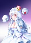  1girl boo_(mario) breasts cleavage crown dress elbow_gloves gan-viking gloves hair_between_eyes highres long_hair looking_at_viewer luigi&#039;s_mansion mario_(series) new_super_mario_bros._u_deluxe personification princess_king_boo solo super_crown white_dress white_gloves 