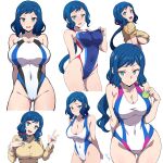  1girl absurdres aqua_eyes ass_visible_through_thighs batta_16-sei blue_eyes blush breasts cleavage commentary_request competition_swimsuit covered_navel cropped_legs gundam gundam_build_fighters haro highres iori_rinko large_breasts looking_at_viewer low_ponytail multiple_views one-piece_swimsuit open_mouth ribbed_sweater simple_background smile sweater swimsuit turtleneck turtleneck_sweater underboob v white_background 