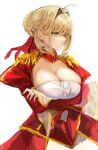 1girl absurdres ahoge blonde_hair breasts cleavage dress epaulettes fate/extra fate/grand_order fate_(series) green_eyes hair_between_eyes hair_bun hair_intakes highres juliet_sleeves large_breasts long_sleeves nero_claudius_(fate) nero_claudius_(fate/extra) puffy_sleeves red_dress simple_background single_hair_bun solo tsuno_(tnngur) white_background 