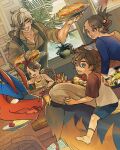  2boys 2girls :o apron arven_(pokemon) blue_eyes blue_shirt blue_shorts bow bowtie bread closed_eyes collarbone collared_shirt colored_skin commentary_request dog eyelashes family florian_(pokemon) food fork gimmighoul green_shirt grey_hair hair_between_eyes hair_over_one_eye highres holding holding_fork holding_plate indoors juliana_(pokemon) koraidon leaf lettuce long_hair mabosstiff multiple_boys multiple_girls mussel open_mouth orange_skin paldea_mother parted_bangs pawmi plant plate pokemon pokemon_(creature) pokemon_(game) pokemon_sv ponytail potted_plant red_bow red_bowtie red_shirt red_skin riding riding_pokemon salad sharp_teeth shirt shorts socks solid_circle_eyes stb81370884 submarine_sandwich swept_bangs table teeth tomato two-tone_shirt upper_teeth_only white_shirt white_socks window 