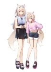  2girls absurdres ahoge alternate_costume animal_ear_fluff animal_ears blonde_hair blue_eyes blue_hair dog_ears dog_girl erezu fuwawa_abyssgard hair_ornament highres hololive hololive_english long_hair looking_at_viewer midriff mococo_abyssgard multicolored_hair multiple_girls nail_polish pink_eyes pink_hair shorts siblings simple_background sisters skirt streaked_hair virtual_youtuber white_background 