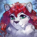  andytakker anthro artist_logo artist_name black_nose digital_media_(artwork) eyebrows eyelashes felid female fluffy fur green_eyes grey_body grey_fur hair hi_res highlights_(coloring) icon inner_ear_fluff kalae_lumiste leopard_spots logo looking_at_viewer mammal markings neck_tuft pantherine red_hair signature smile snow snow_leopard snowing solo spots tuft wavy_hair white_body white_fur winter 