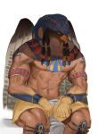  1boy abs animal_head ankh armlet bara beak bird_boy character_request dougaku_(passionpit777) egyptian_clothes egyptian_mythology expressionless feathered_wings feet_out_of_frame highres large_pectorals male_focus muscular muscular_male navel pectorals sitting solo stomach veins veiny_arms wings 