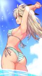  1girl armpits arms_up ass back bikini blonde_hair blue_bikini blue_sky breasts cloud cloudy_sky cogen:_sword_of_rewind commentary cougar_(cougar1404) cowboy_shot day from_behind green_eyes halterneck long_hair looking_at_viewer looking_back medium_breasts ootori_kohaku open_mouth outdoors own_hands_together side-tie_bikini_bottom sky smile solo standing striped striped_bikini swimsuit textless_version wading water water_drop wet 