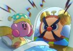  bed blue_eyes blush blush_stickers chromatic_aberration crescent doorway drooling eighth_note green_headwear hat highres indoors kirby kirby_(series) mouth_drool mr._tick_tock musical_note nightcap no_humans open_mouth pillow polka_dot polka_dot_headwear sleep_kirby star_(symbol) surprised suyasuyabi v-shaped_eyebrows waking_another 