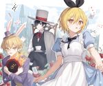  1girl 2boys alice_(alice_in_wonderland) alice_(alice_in_wonderland)_(cosplay) alice_in_wonderland apron black_bow black_bowtie black_eyes black_gloves black_hair black_pants black_vest blonde_hair blue_dress blush bow bowtie card clock collared_shirt cosplay dante_(limbus_company) don_quixote_(limbus_company) dress flower gloves hair_bow hat highres holding_clock limbus_company love_mintchoco mad_hatter_(alice_in_wonderland) mad_hatter_(alice_in_wonderland)_(cosplay) mini_hat mini_top_hat monocle multiple_boys pants project_moon red_bow red_bowtie red_flower shirt sinclair_(limbus_company) sparkle sweat top_hat vest white_apron white_rabbit_(alice_in_wonderland) white_rabbit_(alice_in_wonderland)_(cosplay) white_shirt yellow_eyes yi-sang_(limbus_company) 