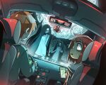  brown_hair car car_interior carles_dalmau cellphone driving forest ghost ground_vehicle highres holding holding_phone long_hair moon motor_vehicle multiple_girls nature night phone seatbelt short_hair smartphone sweat 