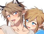  2boys animal_ear_fluff animal_ears blonde_hair blue_eyes blue_shirt blush cat_ears collarbone dual_persona earrings fang fingernails grey_shirt hair_between_eyes hand_on_another&#039;s_face hands_up jewelry light_brown_hair link looking_at_another loz_017 male_focus multiple_boys open_mouth pointy_ears selfcest shirt short_hair short_sleeves simple_background smile teeth the_legend_of_zelda tongue upper_body white_background yaoi 