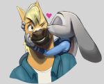  &lt;3 anthro anthro_on_anthro blonde_hair buck_colton_(thehumancopier) clothed clothing disney duo equid equine eyebrows eyes_closed fan_character female fingers fur grey_background grey_body grey_fur hair head_grab horse interspecies judy_hopps kissing_cheek lagomorph leporid long_ears male male/female mammal one_eye_closed rabbit shirt simple_background tan_body tan_fur thehumancopier topwear zootopia 