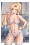  1girl alternate_costume artist_name bed bike_shorts blonde_hair blue_eyes blurry blurry_background border bra breasts cleavage commentary contrapposto cowboy_shot flowerxl garter_straps hand_on_own_hip holding holding_syringe hospital hospital_bed large_breasts linea_alba looking_at_viewer mercy_(overwatch) navel needle nurse outside_border overwatch overwatch_1 ponytail see-through skin_tight solo standing syringe thighhighs thighs underwear white_border white_bra white_thighhighs 