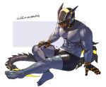  1boy abs avatar_(pso2) bara barefoot black_male_underwear colored_skin cyborg glowing hakidashi_11 hand_on_lap male_focus male_underwear masked mechanical_hands mechanical_tail muscular muscular_male navel phantasy_star phantasy_star_online_2 purple_skin robot_ears sitting solo tail topless_male translation_request underwear underwear_only white_background 
