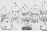  1girl 5boys absurdres aimpoleume blue_archive bow closed_eyes couch halo hifumi_(blue_archive) highres indian_style long_hair long_sleeves male_underwear meme monochrome multiple_boys muscular muscular_male on_couch open_mouth peroro_(blue_archive) piper_perri_surrounded_(meme) sailor_collar shirt_bow sitting skirt topless_male twintails underwear underwear_only 